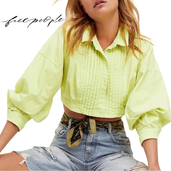 Free People Tops - FREE PEOPLE Quinn neon green button up pleated cropped top size XSMALL